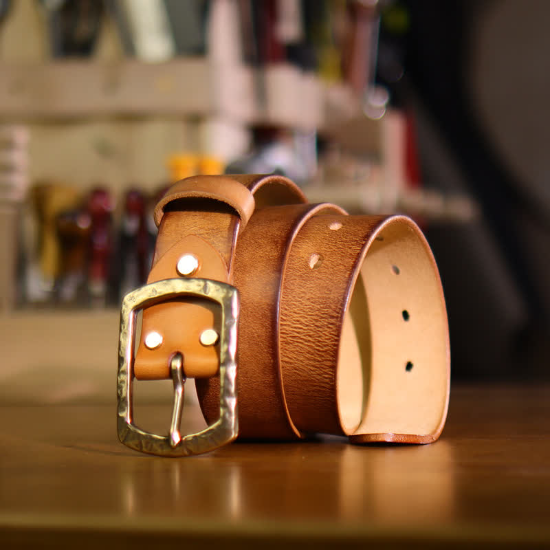 Men's Classic Retro Distressed Design Leather Belt - Yellowish-Brown - 46 - image 5