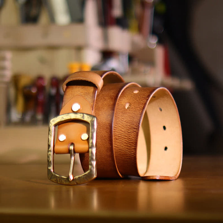 Men's Classic Retro Distressed Design Leather Belt - Yellowish-Brown - 46 - image 5