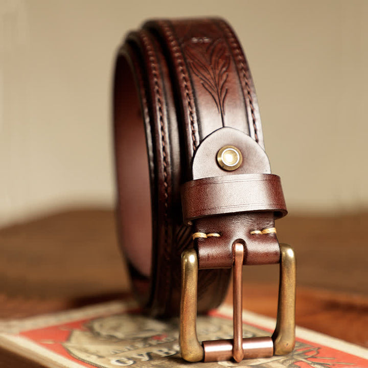 Men's Embossed Flower Leaves Engraved Leather Belt - Coffee - 44 - image 2