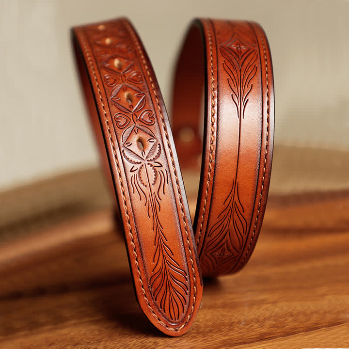 Men's Embossed Flower Leaves Engraved Leather Belt - image 15
