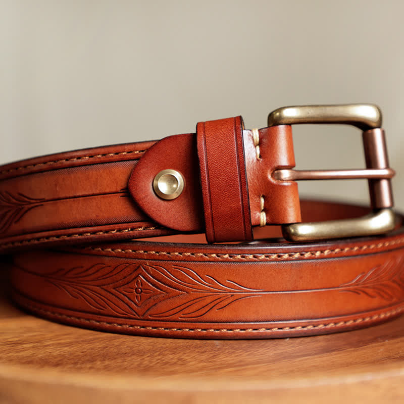 Men's Embossed Flower Leaves Engraved Leather Belt - image 11