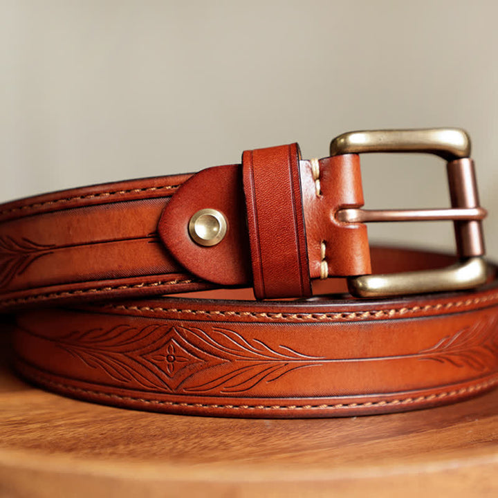 Men's Embossed Flower Leaves Engraved Leather Belt - image 11