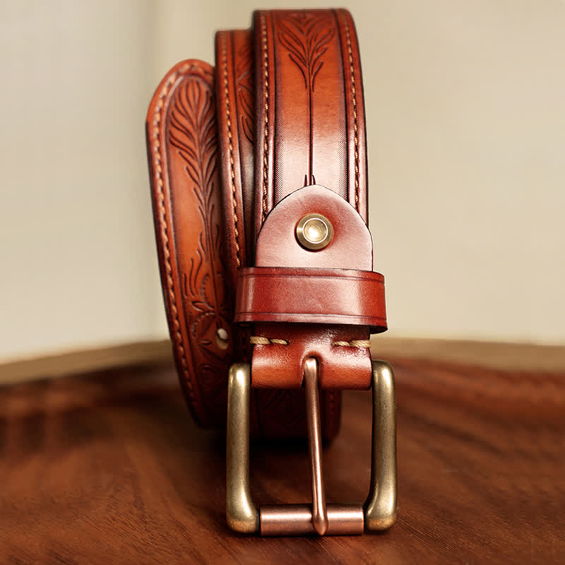 Men's Embossed Flower Leaves Engraved Leather Belt - Yellowish-Brown - 44 - image 8