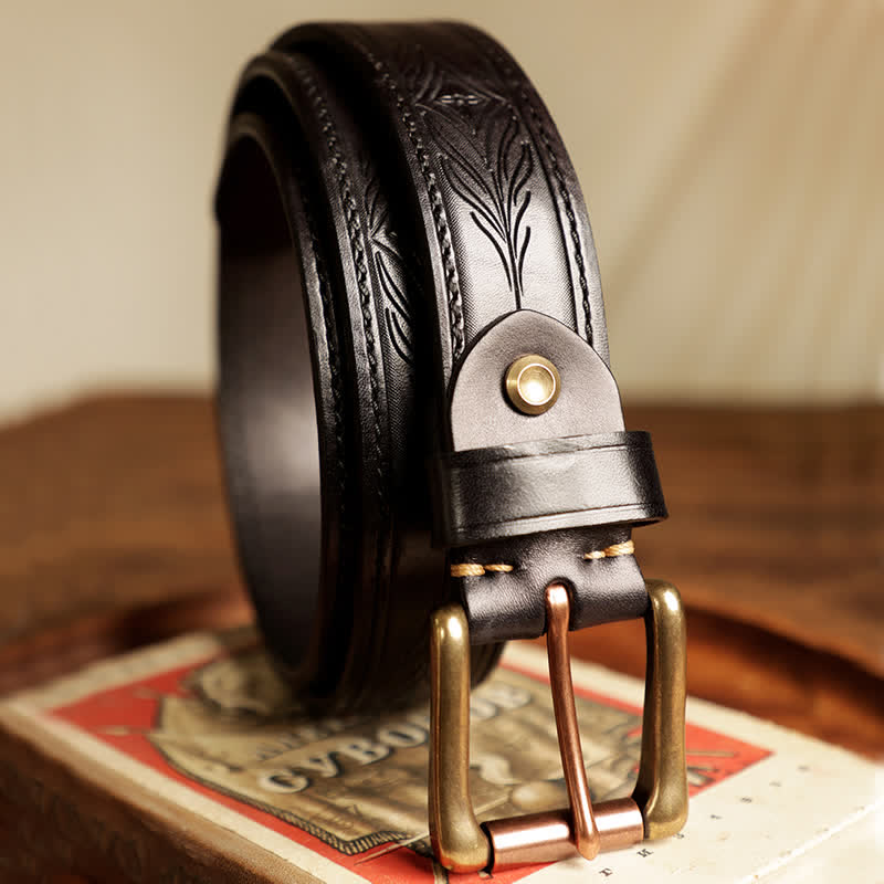 Men's Embossed Flower Leaves Engraved Leather Belt - Black - 44 - image 16