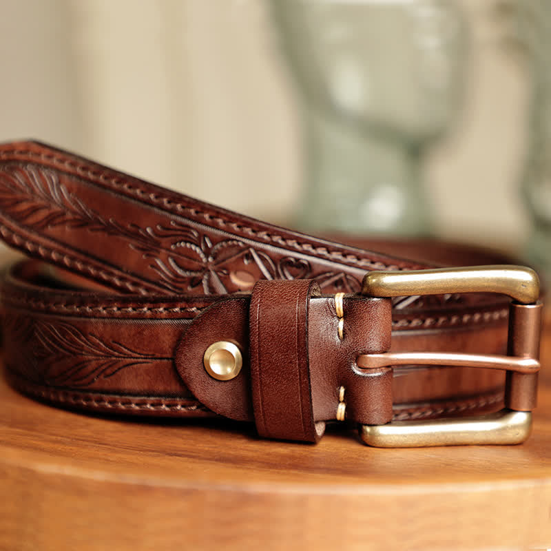 Men's Embossed Flower Leaves Engraved Leather Belt - image 3