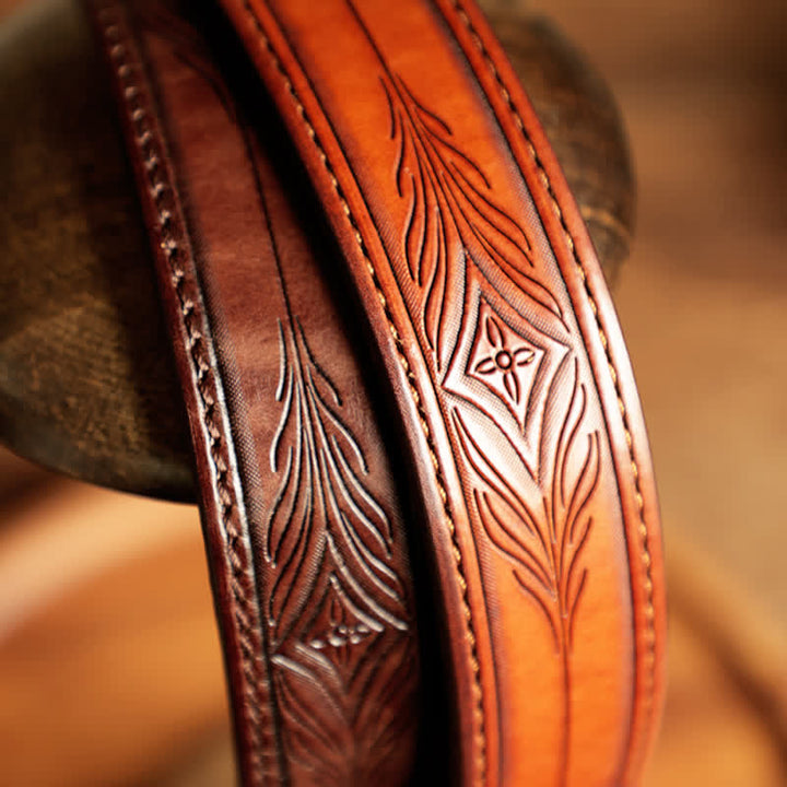 Men's Embossed Flower Leaves Engraved Leather Belt - image 6