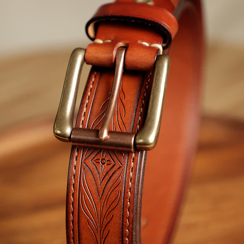 Men's Embossed Flower Leaves Engraved Leather Belt - image 12