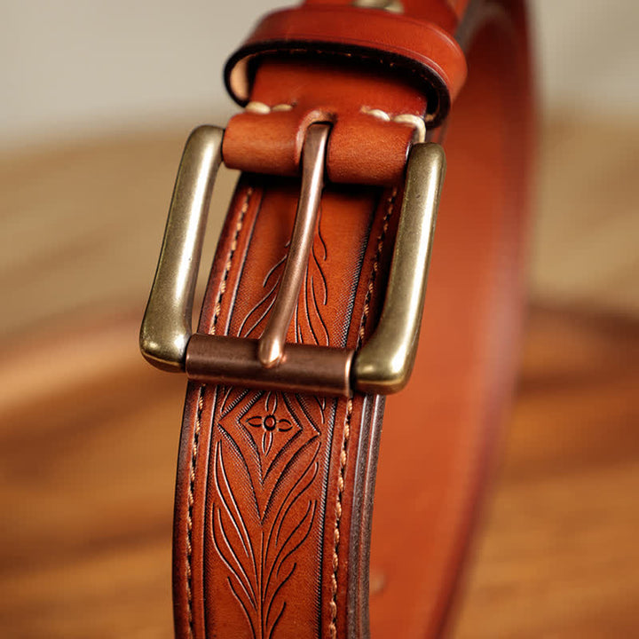 Men's Embossed Flower Leaves Engraved Leather Belt - image 12