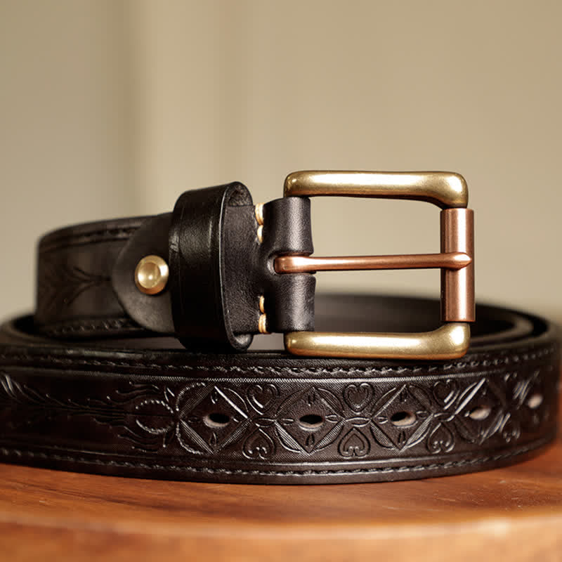 Men's Embossed Flower Leaves Engraved Leather Belt - image 17