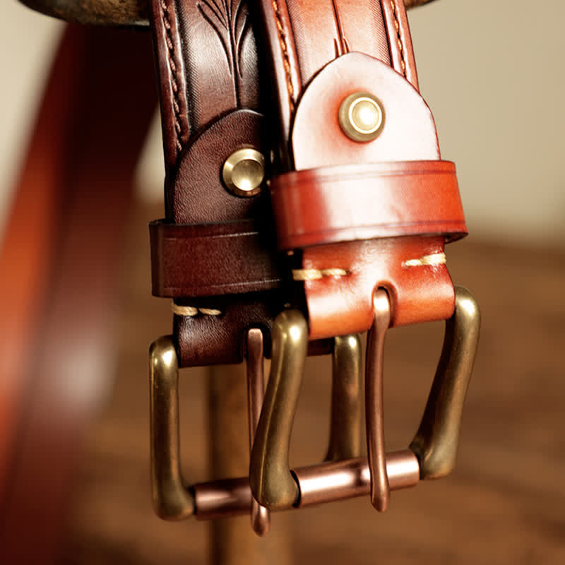 Men's Embossed Flower Leaves Engraved Leather Belt - image 5