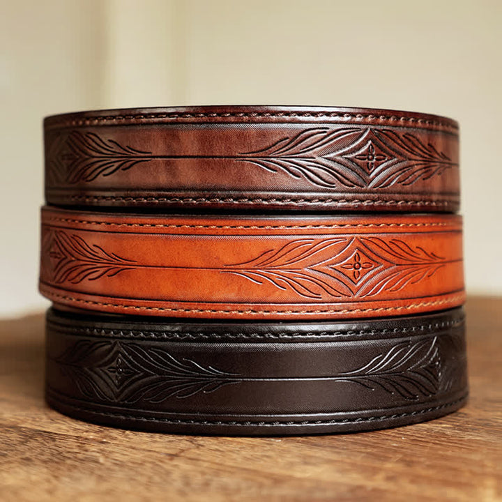 Men's Embossed Flower Leaves Engraved Leather Belt - image 7