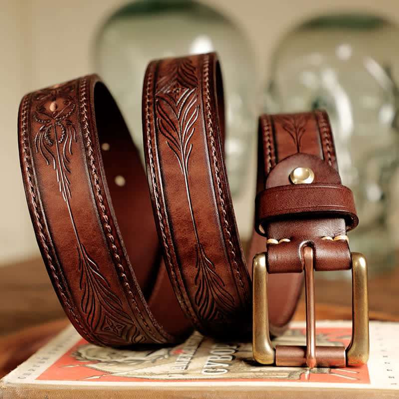 Men's Embossed Flower Leaves Engraved Leather Belt - image 0