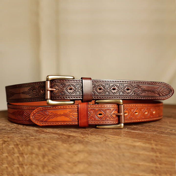 Men's Embossed Flower Leaves Engraved Leather Belt - image 4