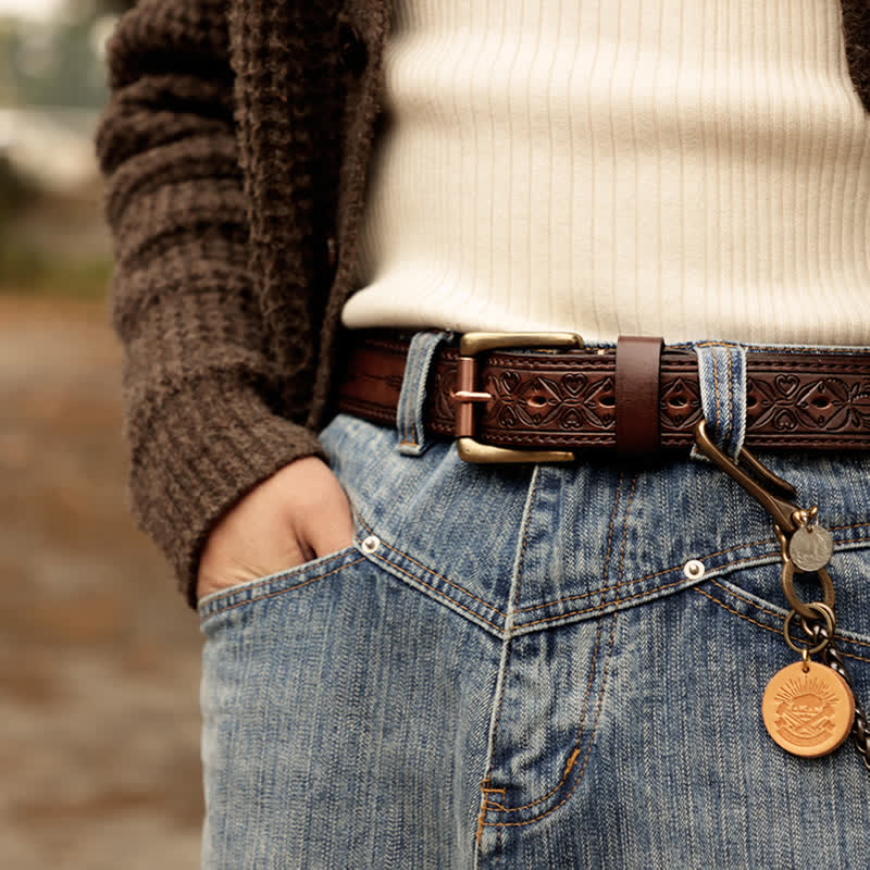 Men's Embossed Flower Leaves Engraved Leather Belt - image 1