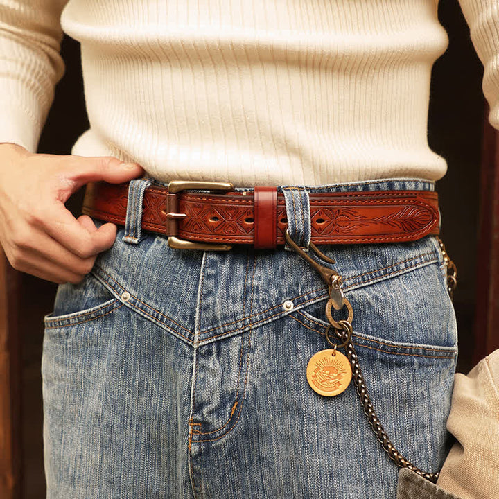 Men's Embossed Flower Leaves Engraved Leather Belt - image 10