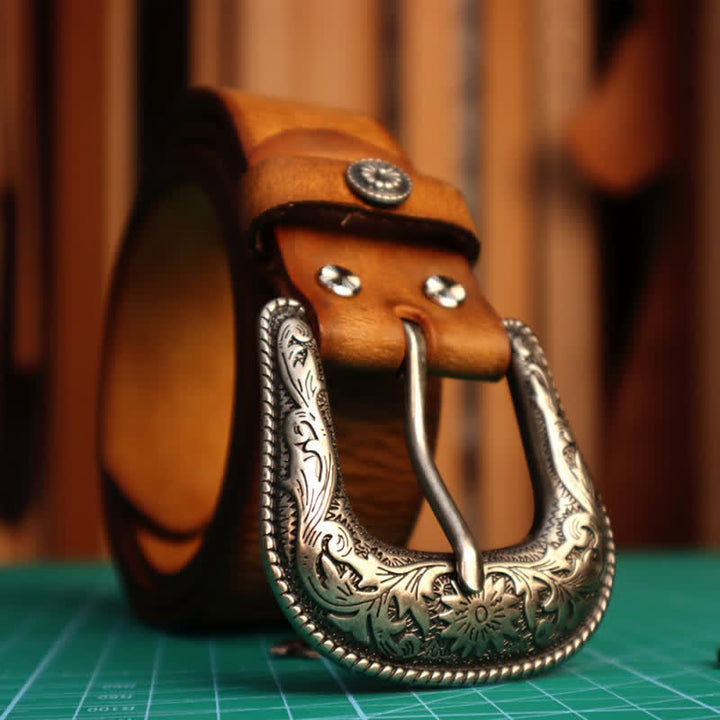 Men's Elegant Carved Flower Buckle Leather Belt - Yellowish-Brown - 46 - image 0