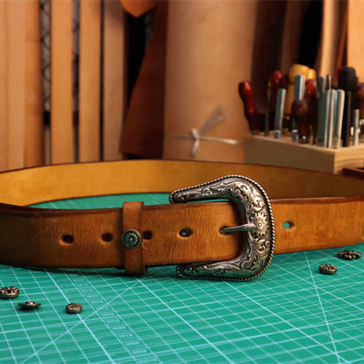 Men's Elegant Carved Flower Buckle Leather Belt - image 1