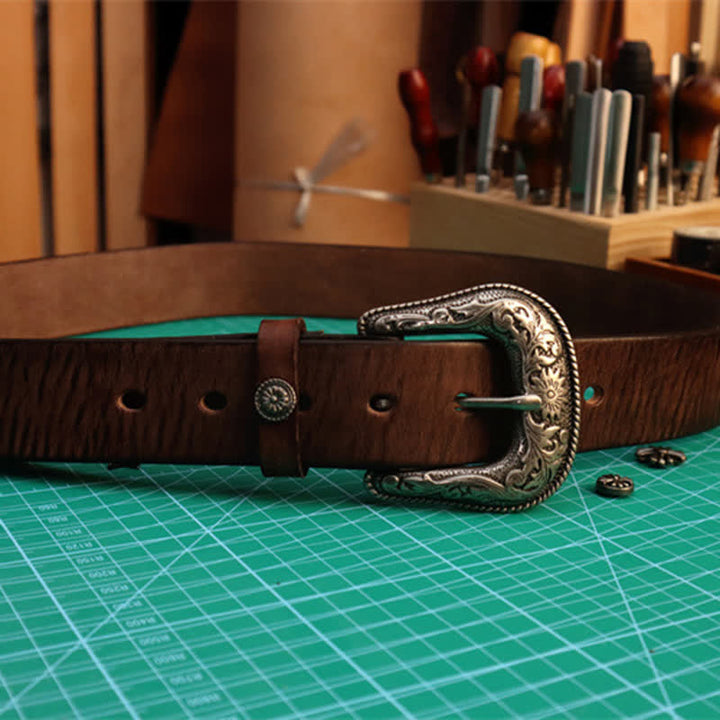 Men's Elegant Carved Flower Buckle Leather Belt - image 8