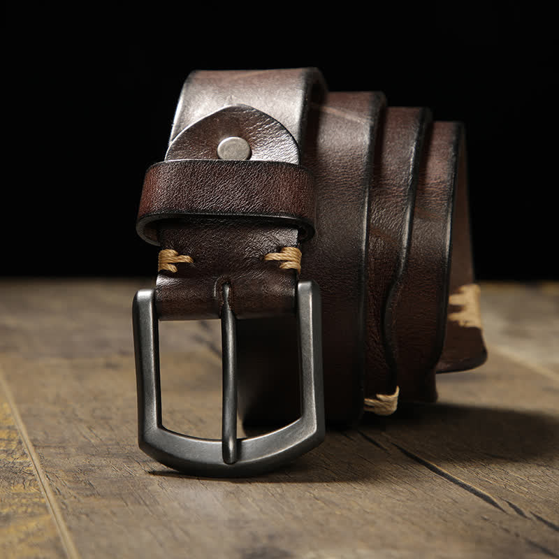 Men's Retro Stitches All-Match Jeans Leather Belt - Coffee - 44 - image 0