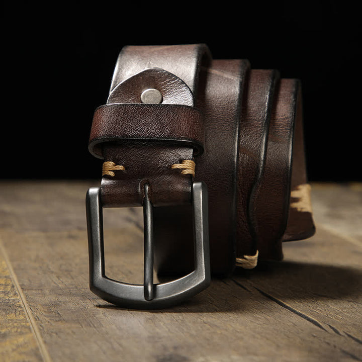 Men's Retro Stitches All-Match Jeans Leather Belt - Coffee - 44 - image 0