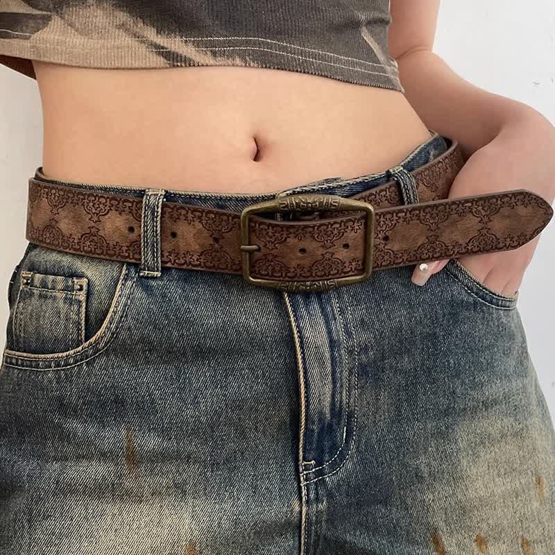 Women's Dark Brown Engraving Pattern Leather Belt - image 4