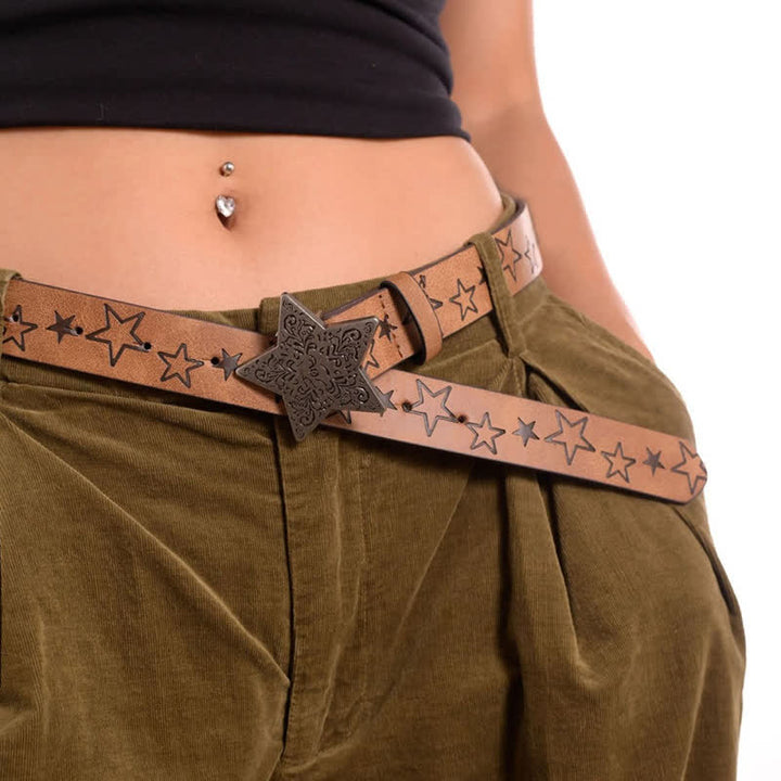 Women's Simple Star Pattern Design Buckle Leather Belt - Light Brown - 32 - image 0