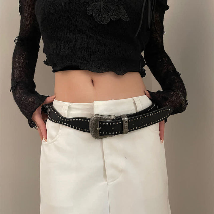 Women's Advanced Chic Black Rivets Leather Belt - Black - 30 - image 0