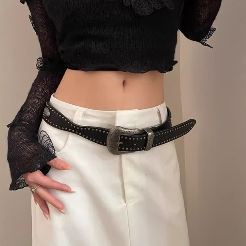 Women's Advanced Chic Black Rivets Leather Belt - image 5