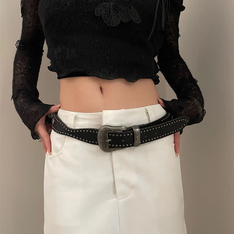 Women's Advanced Chic Black Rivets Leather Belt - Black - 30 - image 0