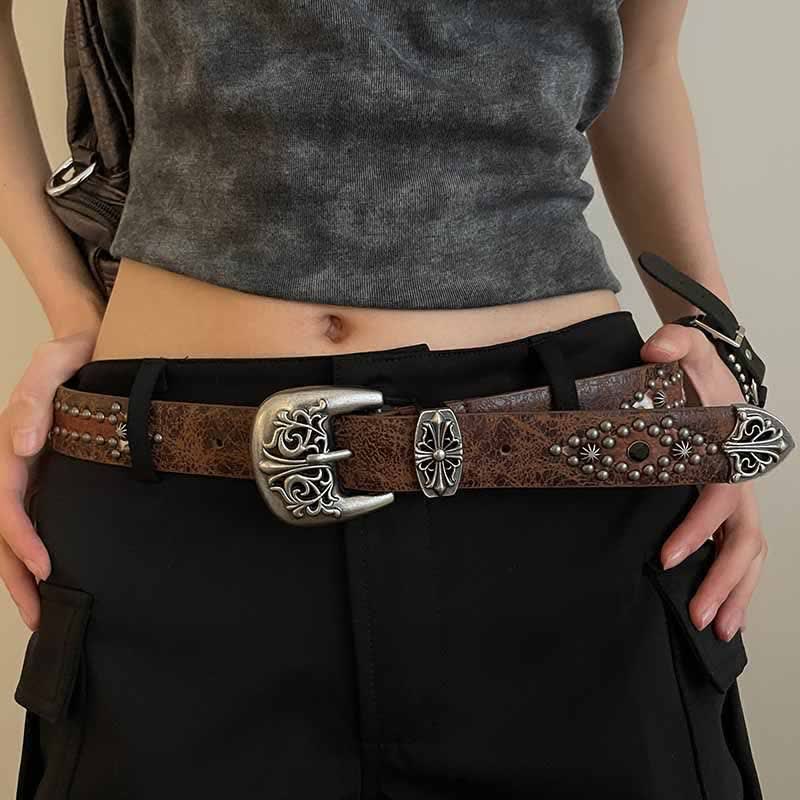 Women's Brown Arrow Shape Rivets Studded Leather Belt - Brown - 30 - image 0