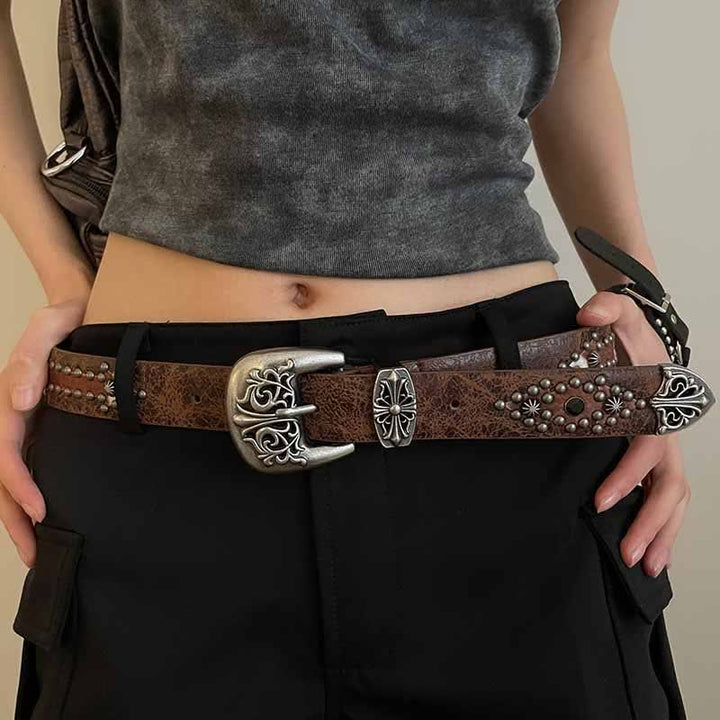 Women's Brown Arrow Shape Rivets Studded Leather Belt - Brown - 30 - image 0