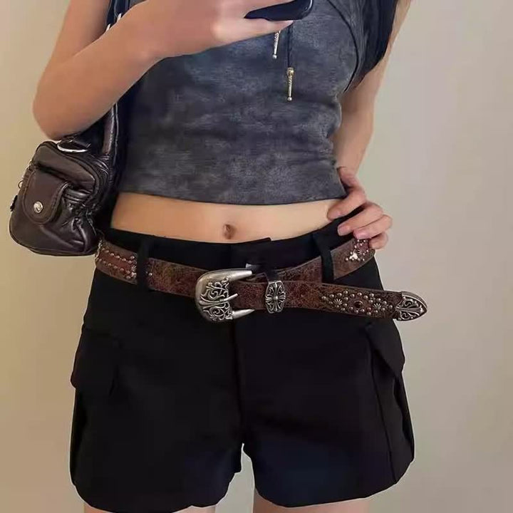 Women's Brown Arrow Shape Rivets Studded Leather Belt - image 1