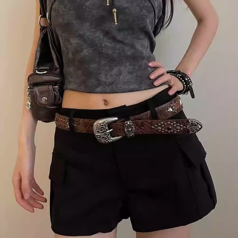 Women's Brown Arrow Shape Rivets Studded Leather Belt - image 3