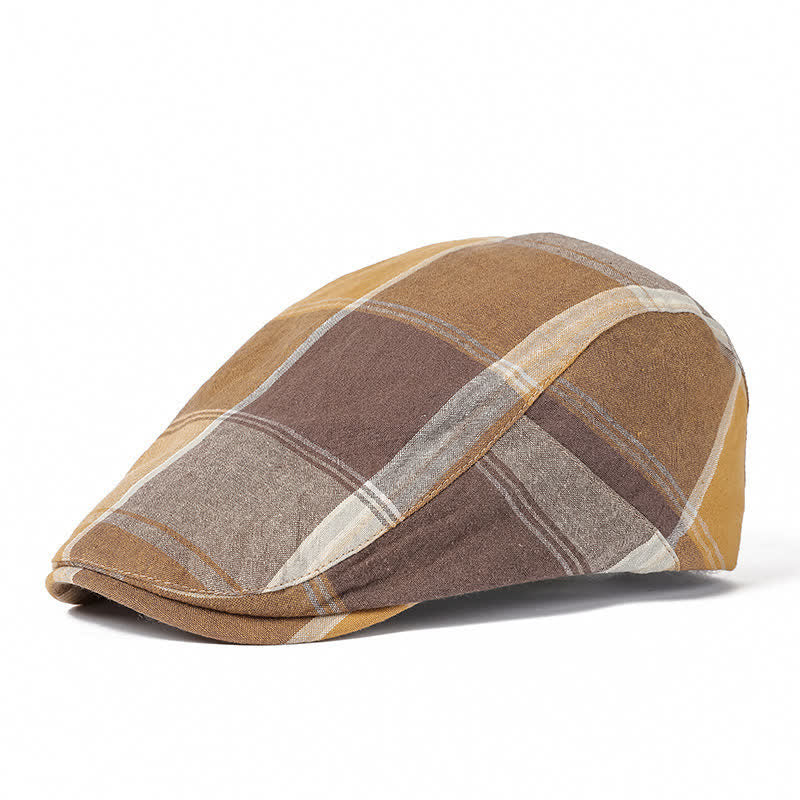 British Style Vintage Check Plaid Beret Hat - Khaki - M (22"-22 7/8") - image 0