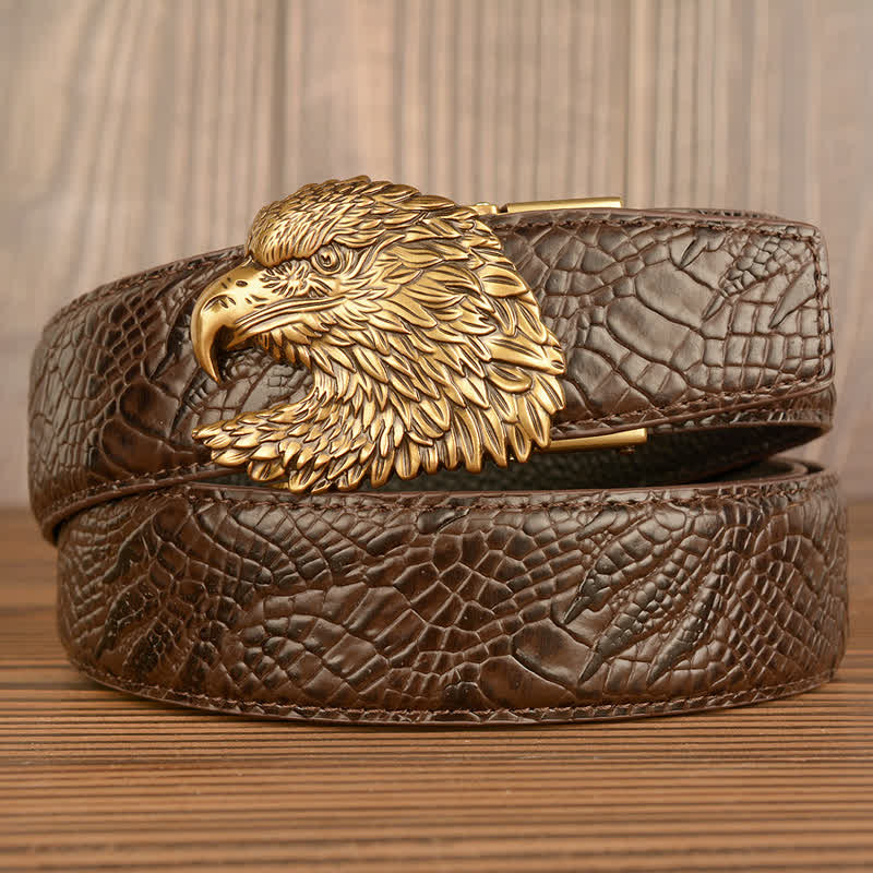 Men's Eagle Cool Alligator Claw Pattern Leather Belt - Gold & Brown - 44 - image 0