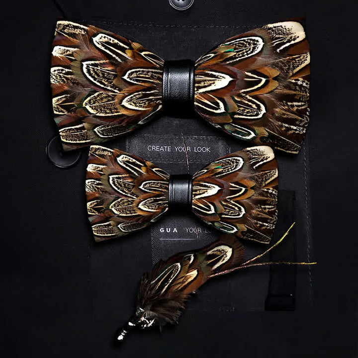 Brown Pheasant Feather Bow Tie with Lapel Pin - Parent-Child Set - image 6