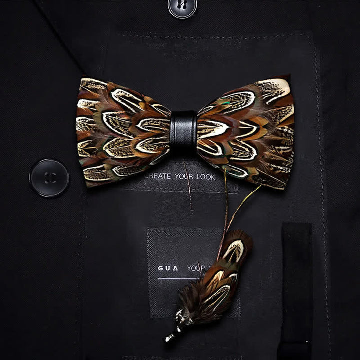 Brown Pheasant Feather Bow Tie with Lapel Pin - Kid - image 5