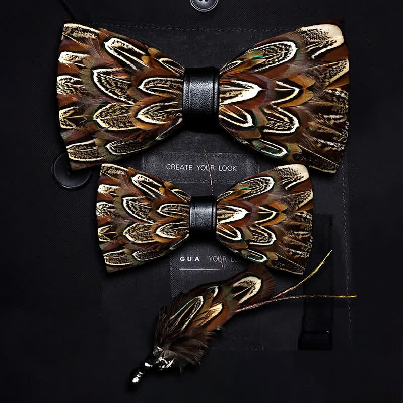 Brown Pheasant Feather Bow Tie with Lapel Pin - Parent-Child Set - image 6