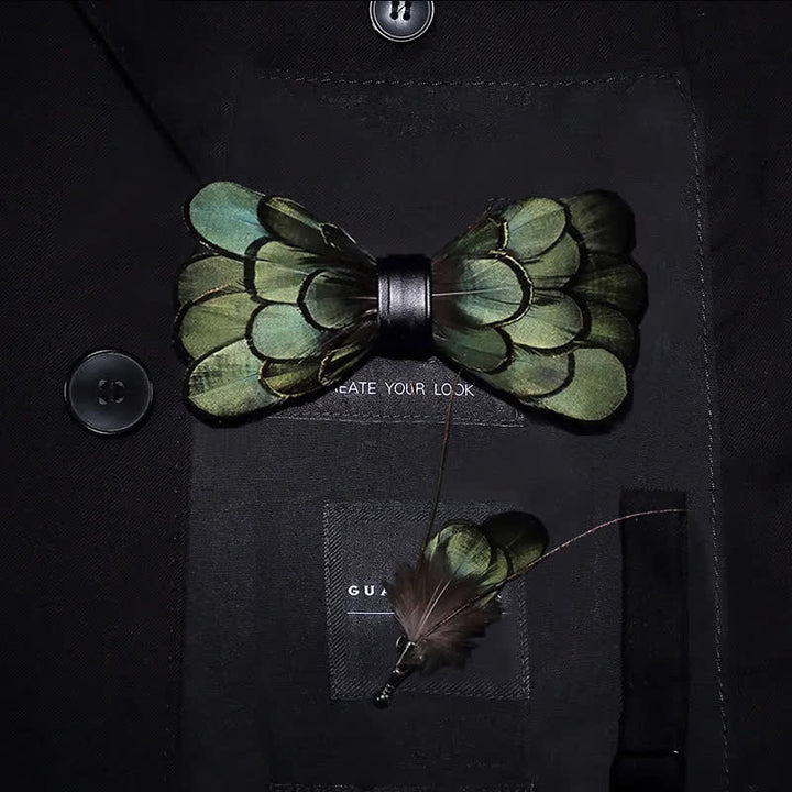 DarkOliveGreen Classic Feather Bow Tie with Lapel Pin