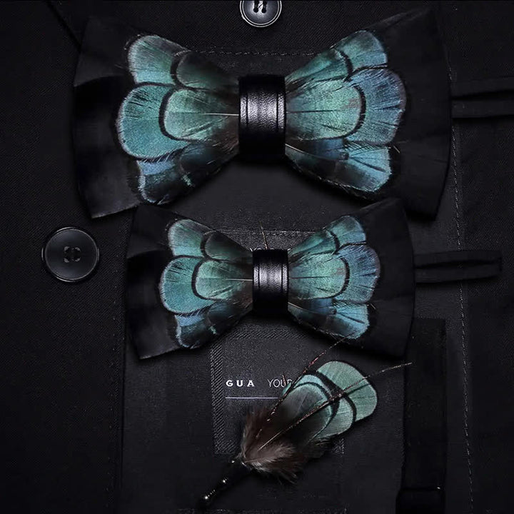 Black & Green Exquisite Feather Bow Tie with Lapel Pin - Parent-Child Set - image 7