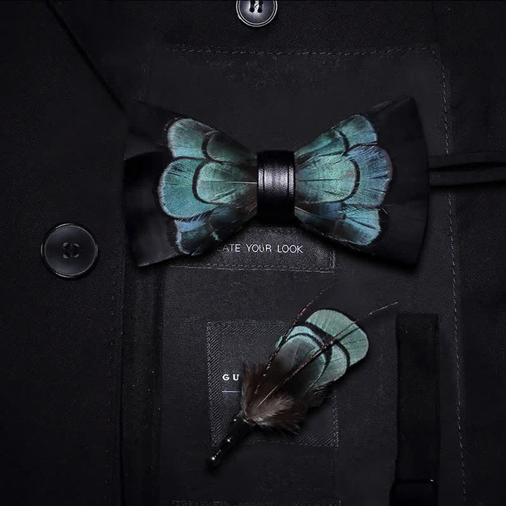 Black & Green Exquisite Feather Bow Tie with Lapel Pin - Kid - image 6