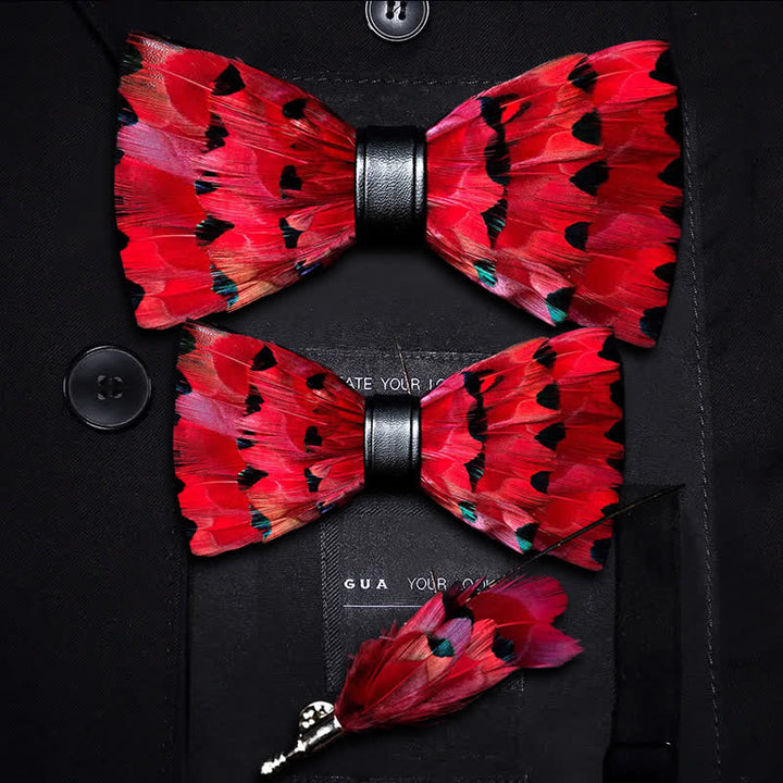 Red Finch Tail Feather Bow Tie with Lapel Pin - Parent-Child Set - image 6