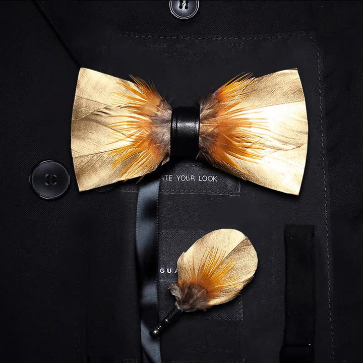 Gold & Tobacco Feather Bow Tie with Lapel Pin - Kid - image 4