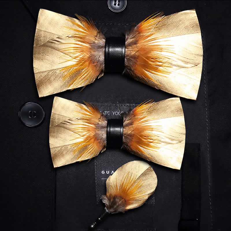 Gold & Tobacco Feather Bow Tie with Lapel Pin - Parent-Child Set - image 5