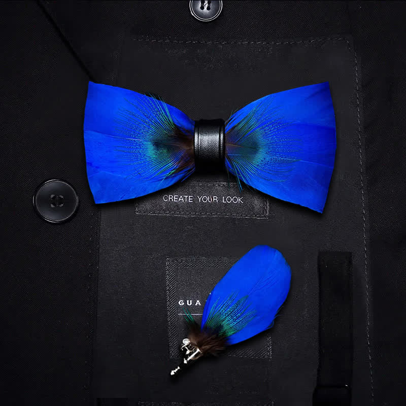 Oxford Blue Peacock Feather Bow Tie with Lapel Pin - Kid - image 5