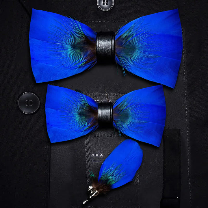 Oxford Blue Peacock Feather Bow Tie with Lapel Pin - Parent-Child Set - image 6