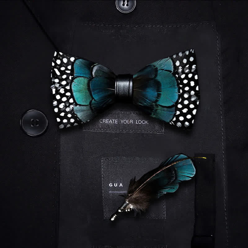 Turquoise & Black Feather Bow Tie with Lapel Pin - Kid - image 4