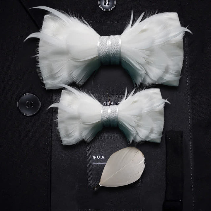 Pure White Prince Feather Bow Tie with Lapel Pin - Parent-Child Set - image 4