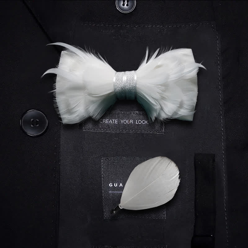 Pure White Prince Feather Bow Tie with Lapel Pin - Kid - image 3