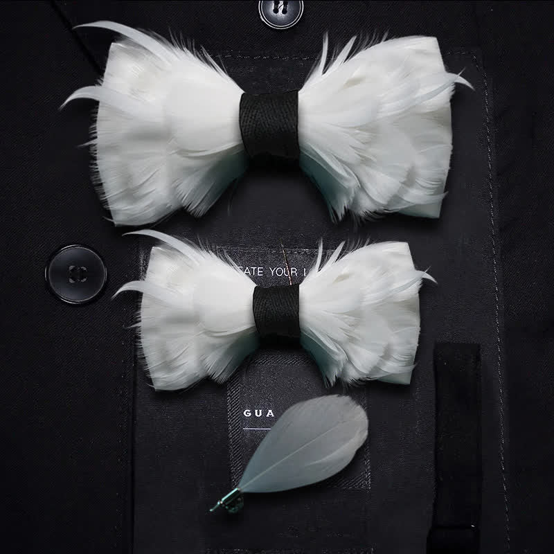 White & Black Elegant Feather Bow Tie with Lapel Pin - Parent-Child Set - image 4